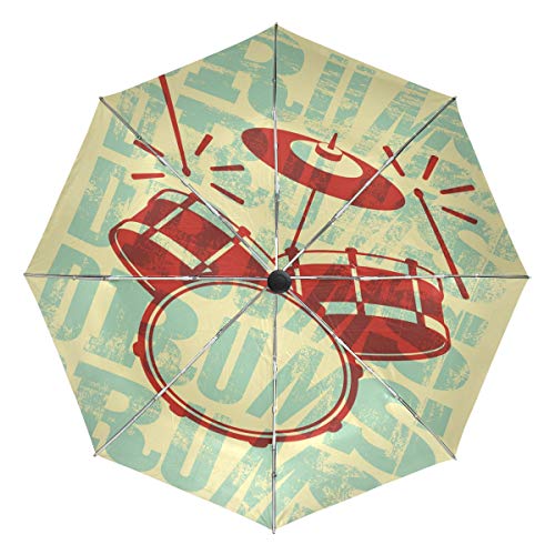 Wamika Schlagzeug Vintage Stil Automatischer Regenschirm Musik Gelb Winddicht Wasserdicht UV-Schutz Reise Regenschirm - 3 Falten Auto Öffnen/Schließen Knopf Sonne & Regen Auto Regenschirm von Fender