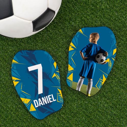 Wanapix | Personalisierte Fußball Schienbeinschoner Gepolstert| Shinguards mit Foto und Text | Kinder und Erwachsene | Yellow & Blue - Größe M von Wanapix