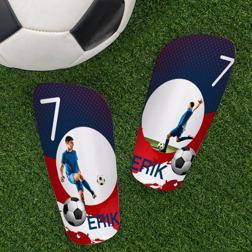 Wanapix | Personalisierte Fußball Schienbeinschoner Premium | Shinguards mit Foto und Text | Sechseckige Textur auf der Oberfläche | Blue Red & White - Größe M von Wanapix