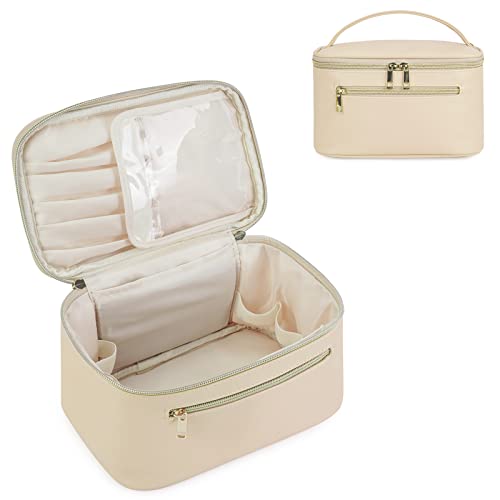 Wandering Nature Kosmetiktasche Damen Reise Schminktasche Groß Make Up Tasche Organizer mit Bürstenfach Kulturtasche PU Leder Tragbare Makeup Bag, Beige (Patent Angemeldet) von Wandering Nature