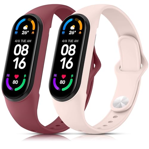 Wanme Armband für Xiaomi Mi Band 7/ Mi Band 6 / Mi Band 5 / Amazfit Band 5 Armbänder für Damen Herren, Neues Silikon Uhrenarmband Sport Wasserdichtes Atmungsaktives Ersatzarmband, Burgund + Rose von Wanme