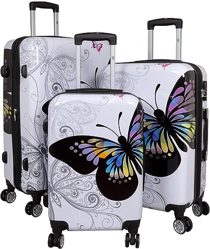 Kofferset Gepäckset Polycarbonat ABS Hartschalen Koffer 3tlg. Set Trolley Reisekoffer Reisetrolley Handgepäck Boardcase PM (Butterfly Weiß) von Warenhandel König