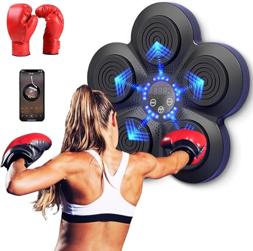 Tragbares elektronisches Boxgerät – Smart Bluetooth für die Wand zu Hause, Geschenk für Kinder und Erwachsene (schwarz + blaues Licht + Handschuhe für Kinder) von Warmfunn
