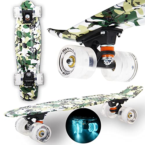 WeLLIFE Skateboard Mini Cruiser RGX Skateboard 22" 56cm für Jugendliche Erwachsene, helle Räder PU 78A mit LED-Blitzlicht ABEC-7RS ... (Military) von WeLLIFE
