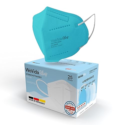 WeVida®Plus FFP2 Maske Made in Germany - 25 x einzeln verpackt, größere Passform, dermatologisch geprüft, EU CE zertifizierte Atemschutzmaske nach EN149:2001+A1:2009, CE2841 (Türkis) von WeVida