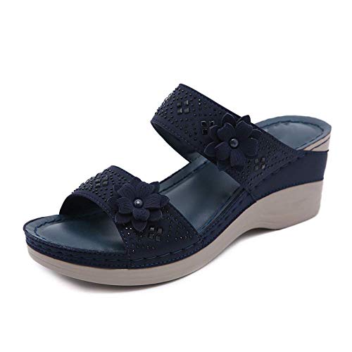 WellingA Slide Sandalen für Frauen Summer Beach Sandalen Open Toe Comfort Wedge Schuhe Plattform Flip Flops Blumen Sandalen Casual Walking Sandale,Blau,40 von WellingA