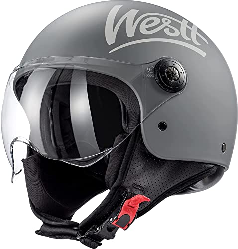 Westt Classic Jethelm mit Visier Motorradhelm Herren Damen Roller Chopper Helm Mopedhelm Retro Mofa Helm Motorrad Pilotenhelm Halbschalenhelm mit ECE DOT Zulassung, matt grau, M (55-56 cm) von Westt