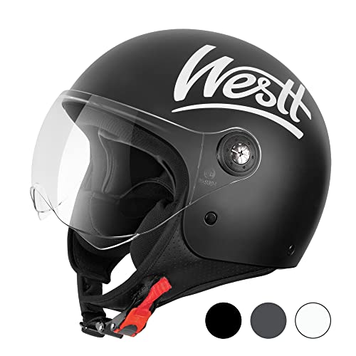 Westt Classic Jethelm mit Visier Motorradhelm Herren Damen Roller Chopper Helm Mopedhelm Retro Mofa Helm Motorrad Pilotenhelm Halbschalenhelm mit ECE DOT Zulassung, matt schwarz, M (55-56 cm) von Westt