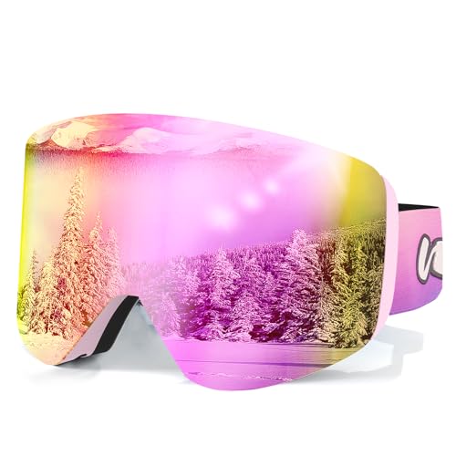 Whale Magnetic Ski Goggles OTG Snowboard Goggles Unisex 100% Uv Protection (Limited Time Discount Price For Fans Of The Brand) (Pink polarized mirror, Children's size/universal) von Whale