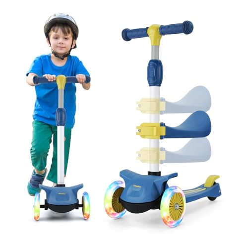 Wheelive 2-in-1 Kinder Roller mit Abnehmbarem Sitz, 4 Höhenverstellbarer und faltbaren Design Kleinkinder Scooter Sitzen oder Stehen mit 3 LED-Rädern für Jungen und Mädchen im Alter von 2 bis 8 Jahren von Wheelive