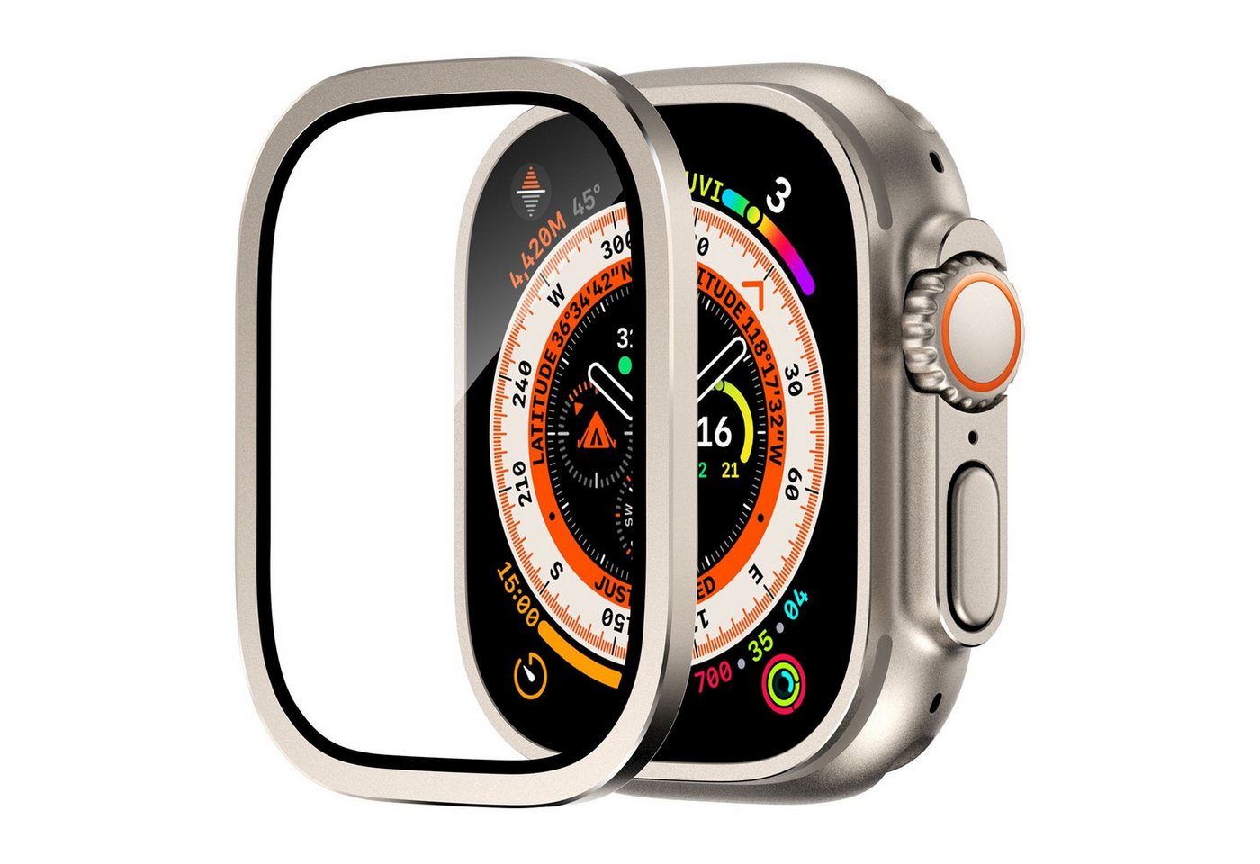 Wigento Smartwatch-Hülle Für Apple Watch Ultra 49mm Aluminiumlegierung Hülle + Hart Glas Titan von Wigento