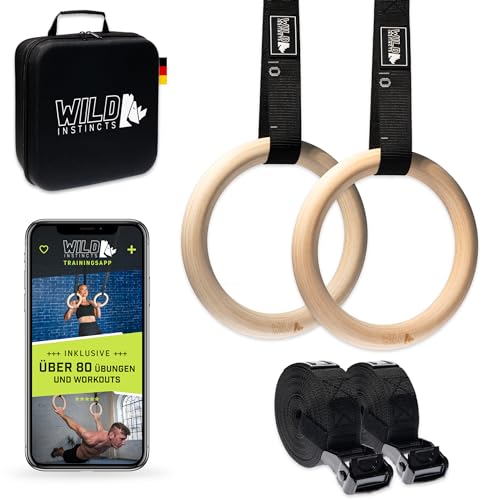 Wild Instincts Premium Turnringe Holz 28mm mit WebApp - Trainingsringe mit 5m Gurtbändern inkl. Case - Gymnastikringe zum Turnen - Calisthenics Ringe - Gymnastic Rings von Wild Instincts