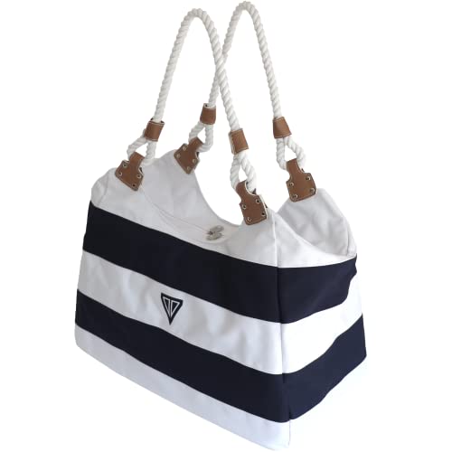 WildStage XL Strandtasche mit Reißverschluss - 45 x 24 x 36 cm - Hochwertige Schultertasche mit Innentasche - Saunatasche - Umhängetasche - Tragetasche - Damen Shopper - Blau und Weiß von WildStage
