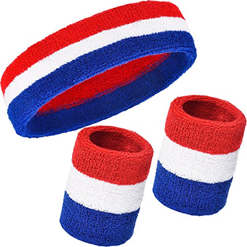WILLBOND Schweißband-Set, 3-teilig, inkl. Sport-Stirnband und Handgelenk-Schweißbänder aus Baumwolle für sportliche Männer und Frauen, Rot, Weiß und Blau von WILLBOND