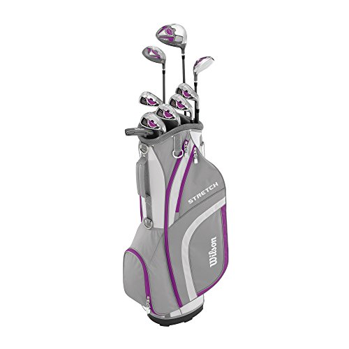 Wilson Anfänger-Amazon Exclusive Komplettsatz, 9 um 1 Inch verlängerte Golfschläger mit Cartbag, Damen, Rechtshand, Stretch XL, weiß/grau/violett, WGG157555 von Wilson