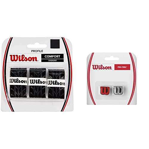 Wilson Overgrip Griffband, Profile Overgrip, 3 Stück, schwarz, WRZ4025BK & Logo-Vibrationsdämpfer für Tennisschläger, Pro Feel, 2er Pack, rot/Silber, WRZ537600 von Wilson