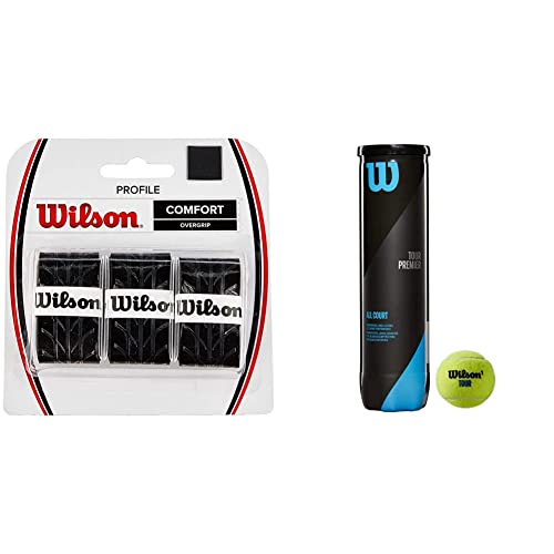 Wilson Overgrip Griffband, Profile Overgrip, 3 Stück, schwarz, WRZ4025BK & Tennisbälle Tour Premier für alle Beläge, gelb, 4er Dose, WRT119400 von Wilson