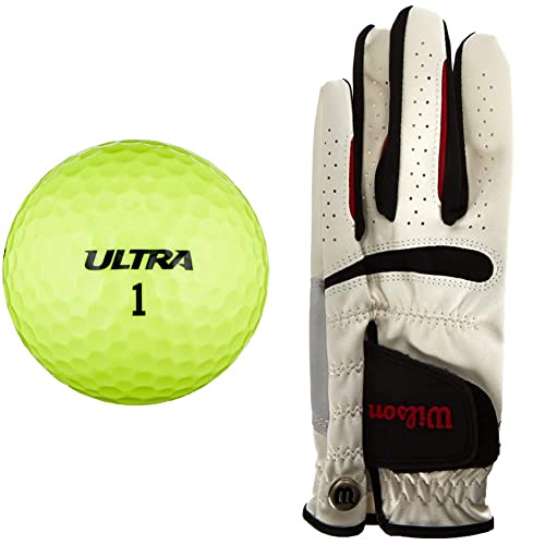Wilson Ultra, 2-Piece Golfbälle für mehr Länge, 15er-Pack, Weiche Ionomerhülle, Ultra, Gelb & Golfhandschuh, Größe L, Links, MLH, Weiß, Feel Plus, WGJA00064L von Wilson