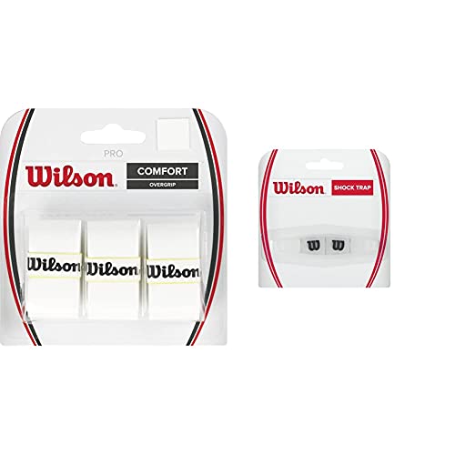Wilson Unisex Griffband Pro Overgrip, weiß, 3 Stück, WRZ4014WH & Logo-Vibrationsdämpfer für Tennisschläger, Shock Trap, Transparent/schwarz, WRZ537000 von Wilson