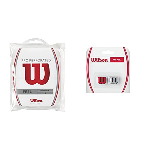 Wilson Unisex Griffband Pro Overgrip Perforated, Weiß, 12 Stück, WRZ4006WH & Logo-Vibrationsdämpfer für Tennisschläger, Pro Feel, 2er Pack, rot/Silber, WRZ537600 von Wilson