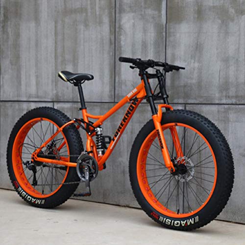 Wind Greeting 26 Zoll Mountainbike,21 Gang-Schaltung Erwachsene Fette Reifen Fahrrad,Rahmen aus Kohlenstoffstahl,Vollfederung Scheibenbremsen Hardtail Bike (Orange) von Wind Greeting