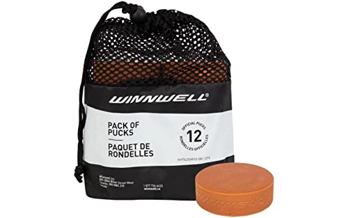 Winnwell Gewichteter Eishockey-Pucks – Orange, 284 g schwerer Trainingspuck mit Netz-Tragetasche, offizielle Größe, ideal für Stick-Handhabung und Trainingsbohrer, 12 Stück von Winnwell