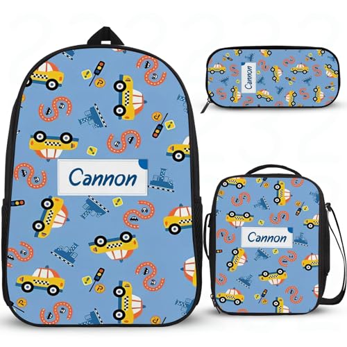 Cartoon-Auto-Schulrucksack für Mädchen, personalisierter Schulbedarf, Grundschule, Büchertasche, leicht, widerstandsfähig, Büchertasche mit Lunchbox, Federmäppchen, 3 Stück von Wintarn