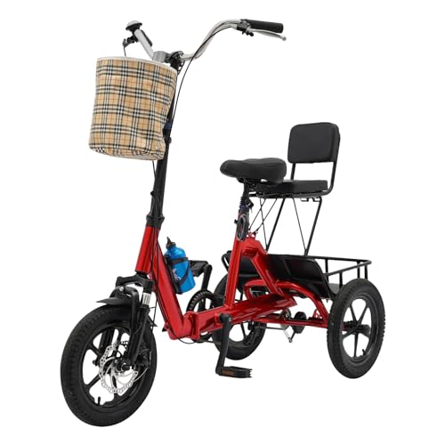 Wiyuer 3 Räder Faltbares Premium Abnehmbaren 14 Zoll Radfahren Tricycle Erwachsene Fahrrad Trike mit Aufbewahrungskörbe Kindersitz und Wasserkocherhalter Lastenfahrrad für Jugendliche Senioren Rot von Wiyuer