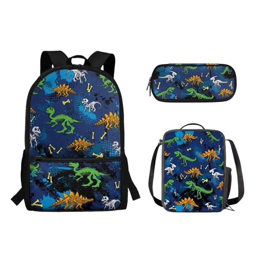 Woisttop 3-teiliger Rucksack für Kinder, elementarer Rucksack, Schultasche mit Lunchbox, Tasche, Federmäppchen-Set, Dinosaurier von Woisttop