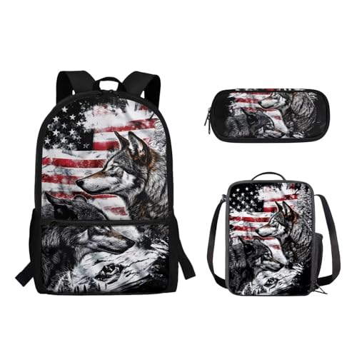 Woisttop 3-teiliges Rucksack-Schultaschen-Set für Jungen und Mädchen, Schultasche mit Lunchtasche, Federmäppchen, Beutel-Set, Amerikanische Flagge, Wolf von Woisttop