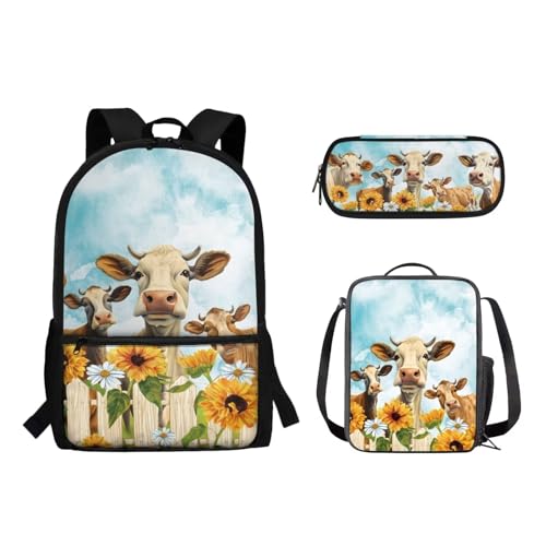 Woisttop 3-teiliges Rucksack-Schultaschen-Set für Jungen und Mädchen, Schultasche mit Lunchtasche, Federmäppchen, Beutel-Set, kuh von Woisttop