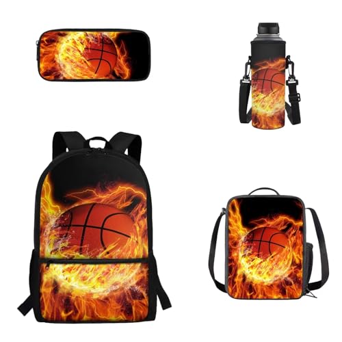 Woisttop 4er-Pack Rucksack-Schultaschen-Set für Kinder, Schulbüchertasche mit isolierter Lunchbox, Federmäppchen, Wasserflaschenhülle, Basketball-Feuer von Woisttop