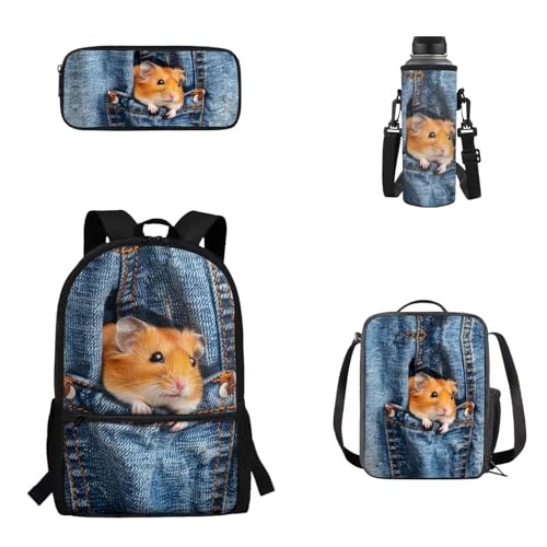 Woisttop 4er-Pack Rucksack-Schultaschen-Set für Kinder, Schulbüchertasche mit isolierter Lunchbox, Federmäppchen, Wasserflaschenhülle, Denim-Eichhörnchen von Woisttop