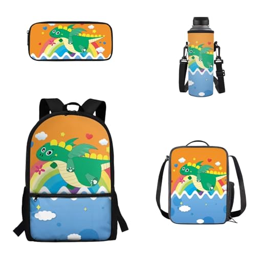 Woisttop 4er-Pack Rucksack-Schultaschen-Set für Kinder, Schulbüchertasche mit isolierter Lunchbox, Federmäppchen, Wasserflaschenhülle, Dinosaurier von Woisttop