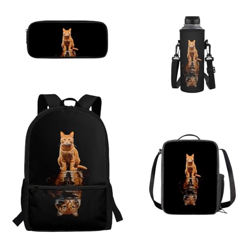 Woisttop 4er-Pack Rucksack-Schultaschen-Set für Kinder, Schulbüchertasche mit isolierter Lunchbox, Federmäppchen, Wasserflaschenhülle, Katzen Tiger von Woisttop