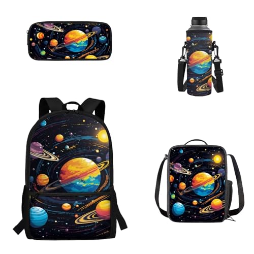 Woisttop 4er-Pack Rucksack-Schultaschen-Set für Kinder, Schulbüchertasche mit isolierter Lunchbox, Federmäppchen, Wasserflaschenhülle, Planet von Woisttop