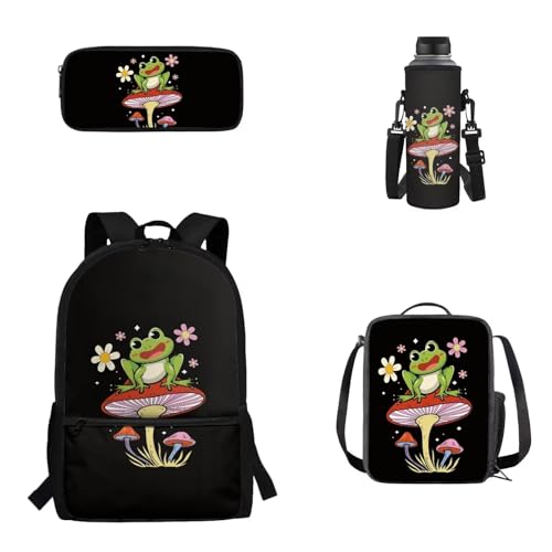 Woisttop 4er-Pack Rucksack-Schultaschen-Set für Kinder, Schulbüchertasche mit isolierter Lunchbox, Federmäppchen, Wasserflaschenhülle, frosch von Woisttop