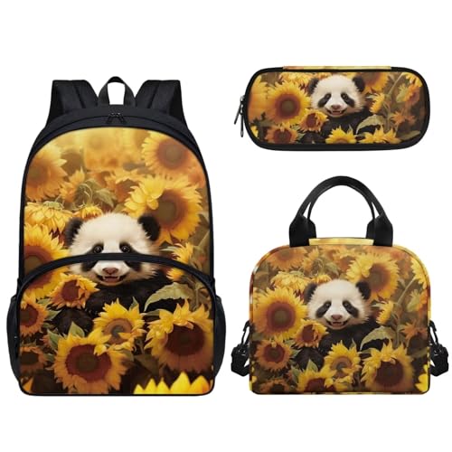 Woisttop Grundschulrucksack mit Lunchbox, Federmäppchen, 3-in-1, Schultasche, Lagerkapazität, Tagesrucksack, Panda-Sonnenblume von Woisttop