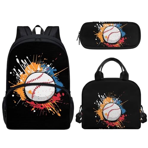 Woisttop Grundschulrucksack mit Lunchbox, Federmäppchen, 3-in-1, Schultasche, Lagerkapazität, Tagesrucksack, baseball von Woisttop