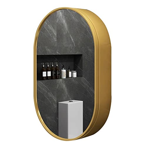 Medizinschrank mit Spiegel, ovaler Badezimmerspiegelschrank aus massivem Holz, geeignet für Eingang, Schlafzimmer, Wohnzimmer, Badezimmerspiegel mit Stauraum (Farbe: Gold, Größe: 50 x 80 x 14 cm) von WolFum