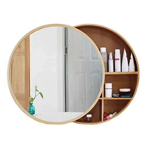 WolFum Runder Badezimmer-Spiegelschrank zur Wandmontage, Massivholz-Badezimmer-Spiegelschrank, Schminkspiegel mit Schiebetür (Farbe: Holzfarbe, Größe: 70 cm) von WolFum