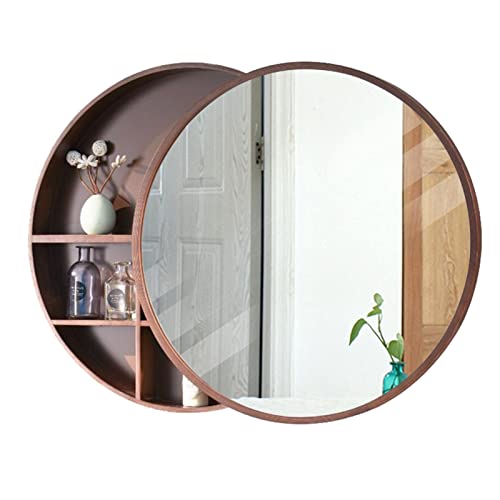 WolFum Schiebe-Badezimmerspiegel, runder Badezimmerspiegel, Schrank, runder Spiegel, Massivholz, intelligenter Antibeschlag-Schließfach-Toiletten-Kosmetikspiegel (Farbe: Walnussfarbe, Größe: 50 von WolFum