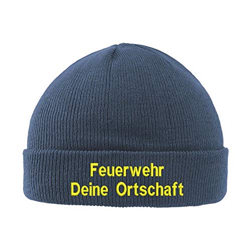 Wolfszeit personalisierte Strickmütze Feuerwehr 2 zeilig Bestickt (blau) von Wolfszeit