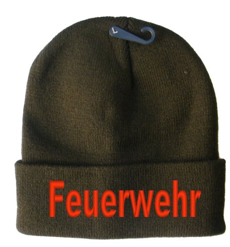 Wolfszeit Strickmütze Bestickt mit Feuerwehr (Oliv) von Wolfszeit