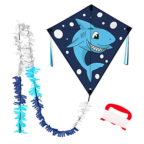 Wolkenstürmer® Eddy Hai Kinderdrachen - flugfertiger Shark blau Einleiner inkl. Handgriff & 40m Schnur Rautendrachen - Kinderdrachen ab 3 Jahre von Wolkenstürmer