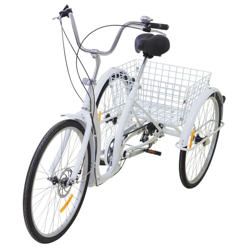 WooDerson 26 Zoll Weiß Dreirad Für Erwachsene Aus Hochkohlenstoffstahl, 6 Gang Fahrrad Mit 3 Rädern Mit Korb, Max Tragfähigkeit 120kg, Anwendbare Höhe 1.65-1.85m, Vorderen Und Hinteren Bremsen von WooDerson