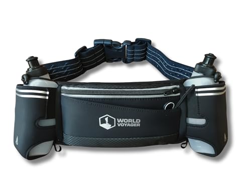 Hydrabelt Ultra Trinkgürtel für Läufer, 2 Taschen, BPA-freie Wasserflaschen, Schwarz, Einheitsgröße, Trinkgürtel mit 2 Taschen und 2 Wasserflaschen, Schwarz, Einheitsgröße, Trinkgürtel mit 2 Taschen von World Voyager
