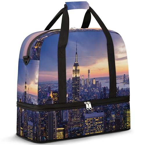 New York Sunset Skyscraper Travel Duffle Bag for Women Men New York Weekend Overnight Bags Foldable Wet Separated 47L Tote Bag for Sports Gym Yoga, farbe, 47 L, Taschen-Organizer von WowPrint