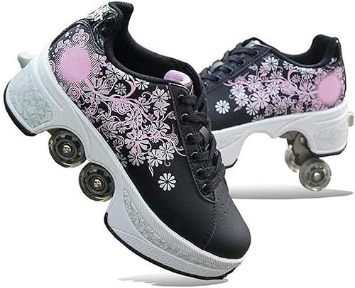 Wttagkl Laufen Skateboard -Sportschuhe mit Rädern können teleskopische Skateboard -Skateboard -Skateboard -Skate -Skate -Training von Kindern Jugendfeiertagsgeschenke im Freien,Black pink flower-36EU von Wttagkl
