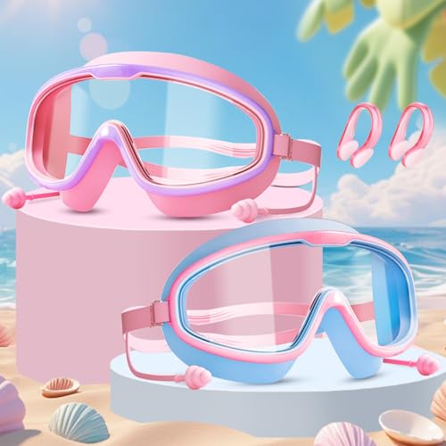 WuGU Schwimmbrille für Kinder 3-15, 2 Stück Taucherbrille Kinder, Anti-Beschlag, Kein Auslaufen, UV-Schutz, Verstellbare Silikon-Schwimmbrille mit Box & Ohrstöpsel für Kinder, Mädchen, Jungen von WuGU